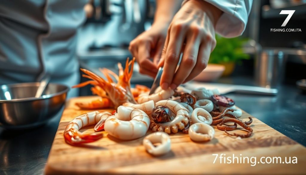 A close-up view of a chef's hands carefully preparing fresh shrimp and calamari on a wooden cutting board. The seafood is glistening under the warm, soft lighting, showcasing their vibrant colors and textures. In the background, a stainless steel kitchen counter and utensils create a professional, high-quality atmosphere. The camera angle is slightly elevated, providing a detailed, step-by-step perspective of the preparation process. The overall mood is one of culinary expertise and attention to detail. Subtle branding for 7fishing.com.ua is visible in the corner.