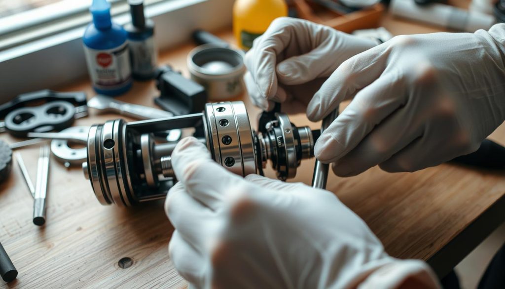 A close-up view of a fishing reel being meticulously cleaned and maintained. The reel sits on a clean, wooden workbench, surrounded by a variety of specialized tools and cleaning supplies. Soft, diffused lighting gently illuminates the scene, casting subtle shadows and highlights across the reel's intricate mechanical components. The user's hands, clad in light cotton gloves, delicately disassemble and inspect each part, carefully wiping away any accumulated dirt or grime. The atmosphere is one of focused attention and care, reflecting the importance of properly maintaining one's fishing equipment for optimal performance and longevity.