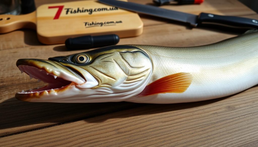 A close-up view of a freshly caught pike, its sleek, elongated body lying on a wooden surface. The fish's scales glisten with a metallic sheen, its sharp teeth visible as it opens its mouth. In the background, a series of fishing tools and equipment are neatly arranged, including a cutting board, a sharp knife, and a 7fishing.com.ua logo. The lighting is soft and natural, casting subtle shadows that accentuate the pike's contours. The overall mood is one of preparation and anticipation, hinting at the culinary delights to come.