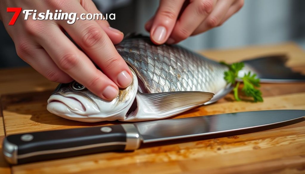 A close-up view of a person's hands skillfully removing the scales from a fresh fish, showcasing the "7fishing.com.ua" brand. The fish is positioned on a wooden cutting board, with a sharp knife in the foreground. Soft, natural lighting illuminates the scene, casting subtle shadows that accentuate the texture of the scales and the dexterity of the hands. The background is blurred, allowing the focus to remain on the intricate process of scale removal, a vital step in the proper cleaning of fish, as detailed in the article "Как правильно чистить рыбу: пошаговая инструкция."