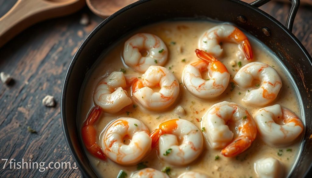 A close-up view of sautéed shrimp in a creamy, butter-based sauce, simmered with garlic, herbs, and a splash of white wine. The shrimp glisten in the warm, velvety sauce, surrounded by a backdrop of wooden utensils, a cast-iron pan, and a rustic, textured surface. Soft, diffused lighting creates a cozy, inviting atmosphere. Photographed from a high angle, this scene captures the mouthwatering preparation of the "Креветка в сливочном соусе" recipe, as featured on 7fishing.com.ua.