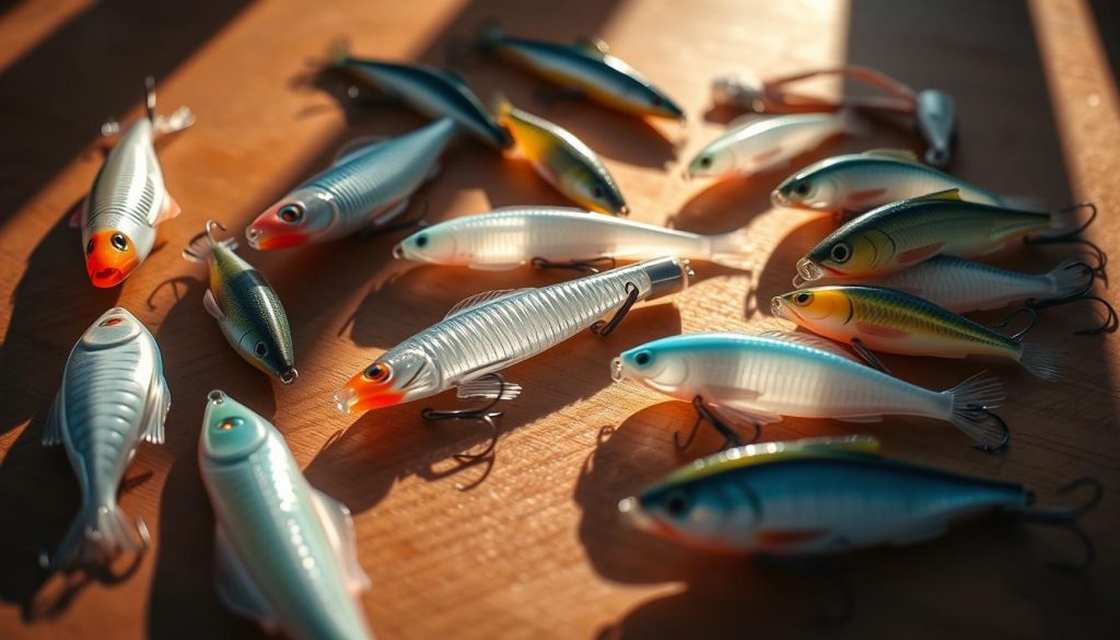 A collection of realistic silicone fishing lures in various colors and shapes, meticulously crafted to mimic different baitfish species. The lures are arranged on a wooden surface, casting long shadows that create a sense of depth and dimension. Warm, directional lighting highlights the intricate textures and translucent quality of the silicone, while a soft, muted color palette evokes the natural underwater environment. The scene conveys the attention to detail and versatility required when selecting the appropriate silicone lures to target specific fish species, as described in the article section.