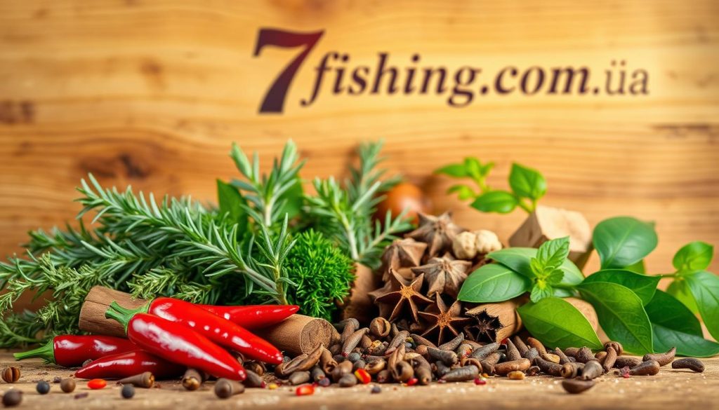 A colorful still life arrangement showcasing an array of aromatic spices and herbs against a rustic wooden background. In the foreground, vibrant red chili peppers, cinnamon sticks, and whole cloves are elegantly scattered. In the middle ground, a variety of fresh herbs such as rosemary, thyme, and bay leaves are neatly arranged. The background features a wooden surface with a 7fishing.com.ua logo, casting a warm, natural glow over the scene. The lighting is soft and diffused, highlighting the textures and colors of the spices and herbs. The overall mood is one of culinary inspiration and the comforting aroma of home-cooked meals.