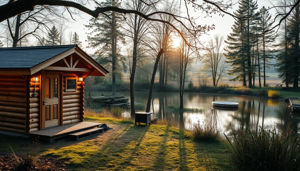 A cozy and inviting "банный комплекс" nestled in a picturesque rural setting. The wooden sauna structure stands in the foreground, its traditional architecture and warm lighting creating a welcoming atmosphere. In the middle ground, a tranquil pond reflects the surrounding trees and natural landscape. Soft, diffused sunlight filters through the trees, casting a golden glow over the scene. The overall mood is one of relaxation and rejuvenation, perfectly capturing the essence of a traditional Russian bathhouse experience.