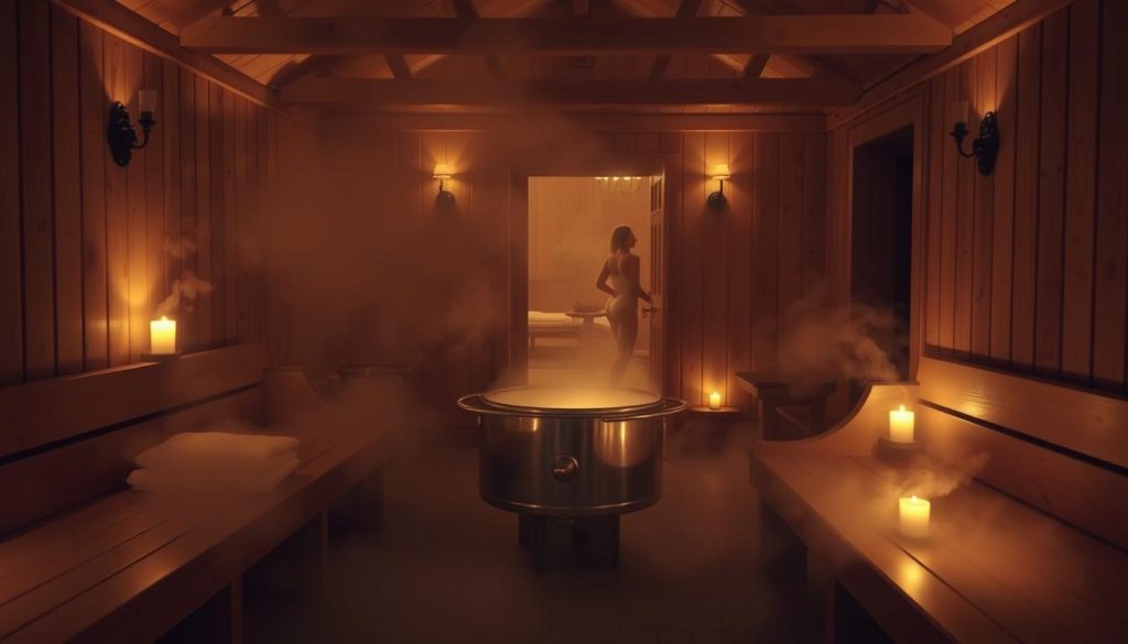A cozy and inviting interior of a traditional Russian banya, or steam room, during a relaxing session. The scene features a warm, dimly lit atmosphere with steam gently rising from the hot stones, casting a soft, hazy glow throughout the space. In the foreground, a wooden bench runs along the walls, inviting visitors to recline and unwind. The middle ground showcases the central stove, its metal body glowing with heat, while the background reveals wooden paneled walls and a doorway leading to an adjoining relaxation area. Ambient lighting from sconces and candles creates a serene, soothing ambiance, perfectly capturing the essence of this sacred ritual of rest and rejuvenation.