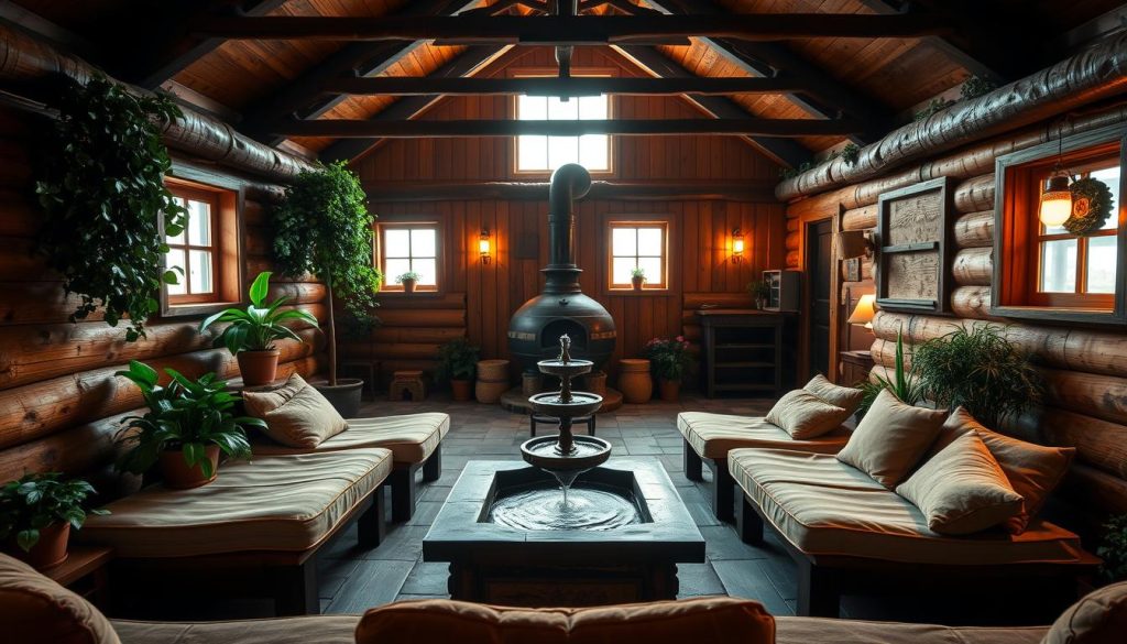 A cozy and inviting rest area in a traditional Russian bathhouse, bathed in warm, diffused lighting. The foreground features plush, cushioned benches arranged around a central table, inviting visitors to relax and unwind. Rustic wooden walls and ceiling beams create a charming, rustic ambiance, complemented by lush greenery and potted plants that add a touch of nature. The middle ground showcases a small, decorative fountain or water feature, its soothing sounds adding to the calming atmosphere. In the background, a large, ornate stove or fireplace radiates a gentle heat, while windows allow natural light to filter in, creating a harmonious and tranquil setting for guests to enjoy the banya experience.