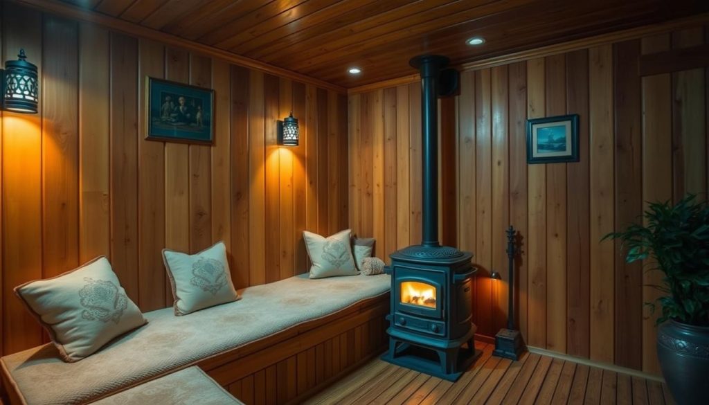 A cozy and inviting rest room in a traditional Russian bathhouse, with warm wooden paneling and a plush seating area. Soft, ambient lighting casts a gentle glow, creating a serene and relaxing atmosphere. A wood-burning stove or fireplace sits in the corner, its crackling flames adding to the soothing ambiance. The room is adorned with decorative elements, such as plants, artwork, or classic Russian decor, that complement the rustic and authentic feel. The overall scene conveys a sense of comfort, tranquility, and the traditional Russian banya experience.