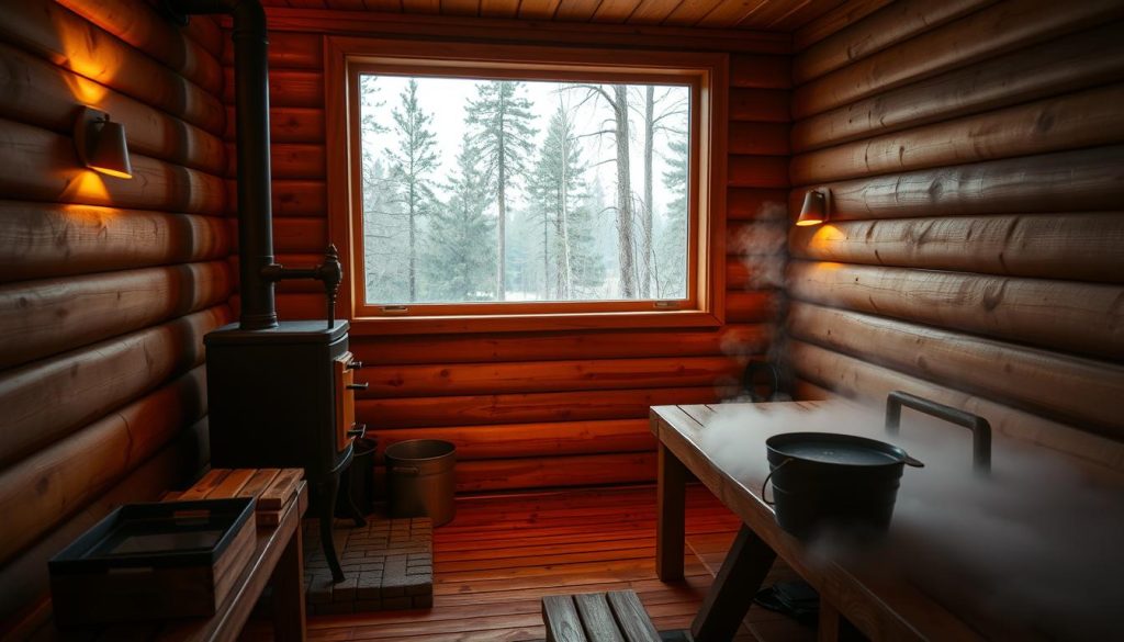 A cozy and inviting Russian banya interior with a rustic wooden sauna room, featuring a traditional wood-fired stove, steam-filled benches, and a bucket of water for pouring over the hot stones. Soft lighting from wall sconces casts a warm glow, while a large window in the background offers a view of a serene pine forest landscape. The scene evokes a sense of tranquility and traditional cultural heritage, perfect for showcasing the amenities of a Sumy region banya or sauna.