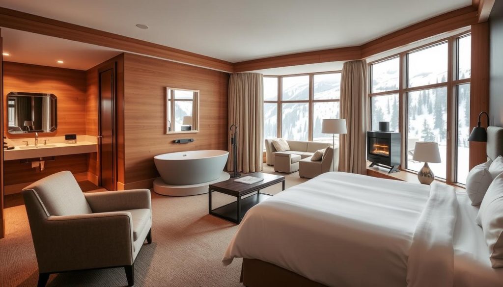 A cozy and luxurious hotel room at Bukovel, featuring a plush king-size bed with crisp white linens, warm wooden accents, and a large bay window overlooking the snow-capped mountains. In the foreground, a plush armchair and a sleek coffee table create an inviting seating area. The middle ground showcases a spacious bathroom with a modern freestanding bathtub and a vanity mirror. The background reveals a relaxing lounge area with comfortable sofas, a fireplace, and a panoramic view of the picturesque Carpathian landscape through large windows. Soft, diffused lighting creates a warm and inviting atmosphere, complemented by the subtle textures and natural materials throughout the space.