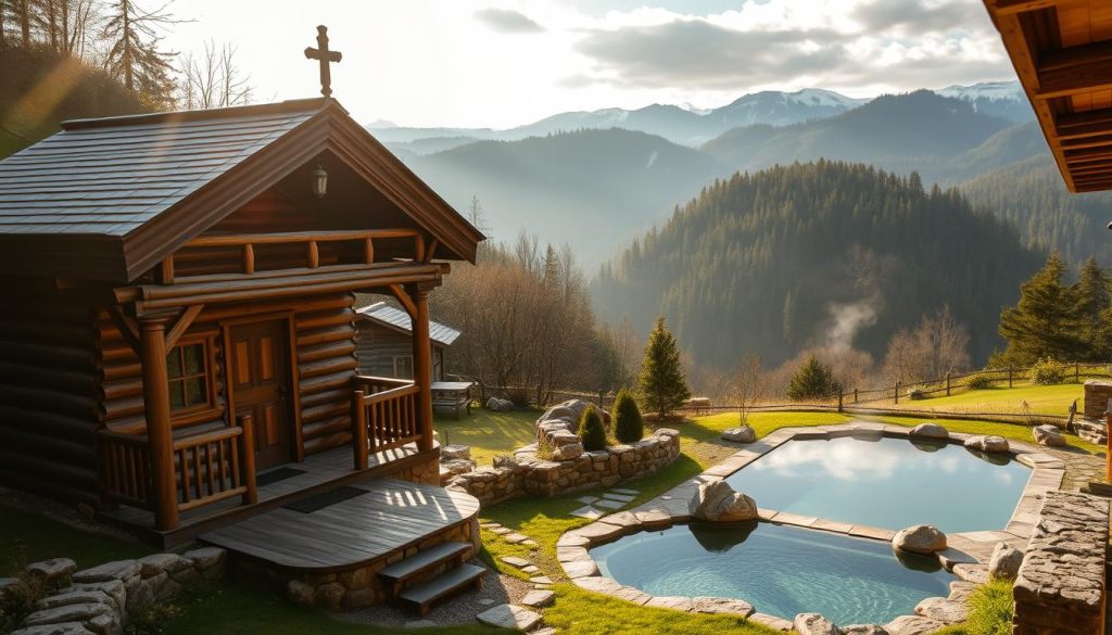 A cozy and rustic "банный комплекс" nestled in the lush, rolling hills of Zakarpattia. In the foreground, a traditional wooden bathhouse stands tall, its ornate details and warm glow inviting visitors to experience the time-honored rituals of Ukrainian bathing culture. The middle ground features a tranquil outdoor pool, surrounded by natural stone and lush greenery, creating a serene oasis. In the background, a panoramic view of the picturesque Carpathian landscape, with snow-capped peaks and dense forests, sets the stage for a truly immersive and rejuvenating spa experience. Soft, natural lighting filters through the scene, casting a golden hue and emphasizing the rustic charm. The composition captures the essence of a quintessential "банный комплекс" - a harmonious blend of tradition, nature, and modern amenities that cater to the discerning traveler seeking an authentic Zakarpattia wellness retreat.