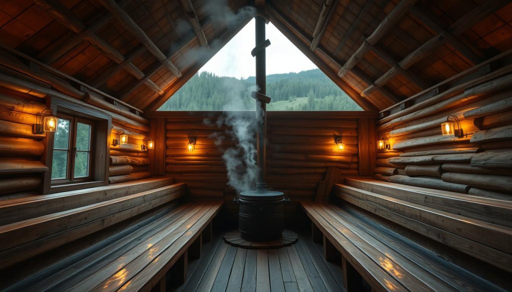 A cozy and traditional Russian banya, its wooden facade weathered by time, stands proudly against a backdrop of lush, forested hills. The interior is warm and inviting, with benches arranged in tiers to accommodate a sizable group. Soft, ambient lighting casts a golden glow, complementing the steam rising from the central stove. The scene conveys a sense of community and relaxation, capturing the essence of the banya experience. The focus is on the building's capacity and design, showcasing its ability to host a substantial number of visitors seeking the restorative powers of this time-honored ritual.