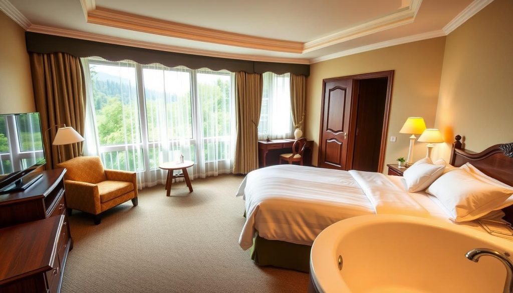 A cozy and well-appointed hotel room in a Ukrainian sanatorium, filled with natural light streaming in through large windows overlooking a lush, verdant landscape. The room features a plush king-size bed adorned with crisp, white linens, a plush armchair, and a wooden writing desk. Warm, ambient lighting creates a welcoming atmosphere, while modern amenities such as a flat-screen TV and minibar cater to the guests' comfort. The en-suite bathroom is spacious and pristine, with a deep soaking tub and high-end fixtures. The overall design seamlessly blends traditional Ukrainian elements with contemporary comforts, inviting visitors to relax and unwind in style.