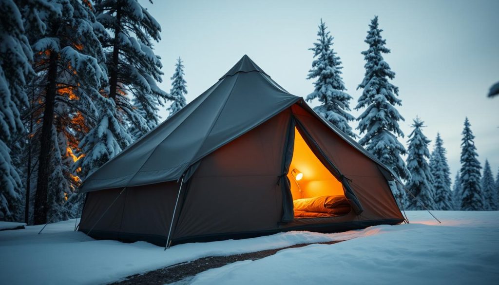 A cozy and well-insulated winter camping tent nestled in a snowy forest landscape. The tent's exterior is made of durable, weatherproof fabric in a muted, earthy tone, designed to blend seamlessly with the surrounding environment. The tent's shape is tall and spacious, with a sturdy frame that can withstand heavy snowfall. The tent is situated on a gentle slope, with a path leading towards it, surrounded by tall, snow-covered pine trees. Warm, diffused lighting emanates from within the tent, casting a soft glow and creating an inviting atmosphere. The scene evokes a sense of tranquility and comfort, perfect for a winter getaway.