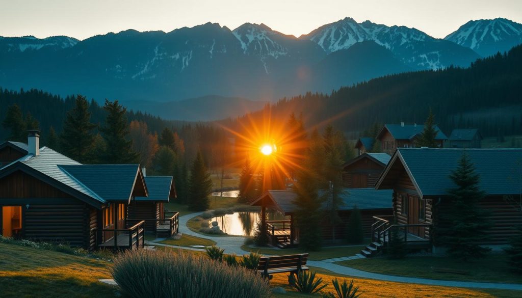A cozy budget-friendly resort nestled among the rolling hills of the Carpathian Mountains. In the foreground, a cluster of rustic wooden cabins, their warm lighting casting a golden glow against the fading afternoon light. In the middle ground, a small lake reflects the surrounding pine trees, creating a serene and tranquil atmosphere. The background features the majestic peaks of the Carpathians, their snow-capped summits casting long shadows as the sun dips behind them. The scene is bathed in a soft, golden light, creating a welcoming and inviting ambiance, perfect for a peaceful getaway. The overall composition evokes a sense of simplicity, comfort, and connection with nature, capturing the essence of an affordable yet charming Carpathian retreat.