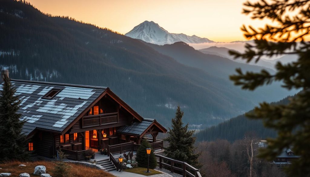 A cozy Carpathian hotel nestled amidst a breathtaking mountain landscape. In the foreground, a charming wooden structure with traditional Hutsul architecture, its warm lights inviting guests inside. The middle ground features a picturesque snow-capped peak, while the background showcases a panoramic view of the rolling, forested hills. The scene is bathed in a soft, golden hour glow, creating a serene and inviting atmosphere. The overall composition evokes a sense of rustic elegance and the peaceful tranquility of the Carpathian region.