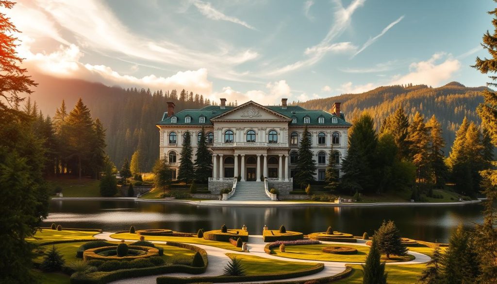 A cozy, classical sanatorium nestled in a picturesque mountainous landscape. The grand, neo-baroque facade features ornate columns and arched windows, bathed in warm, golden sunlight filtering through wispy clouds. Lush, verdant pine forests surround the building, complemented by a tranquil lake reflecting the serene scene. The foreground features well-manicured gardens with winding paths, inviting visitors to explore the tranquil grounds. The overall atmosphere exudes a sense of relaxation, wellness, and timeless elegance, conveying the restorative nature of a stay at this historic sanatorium.