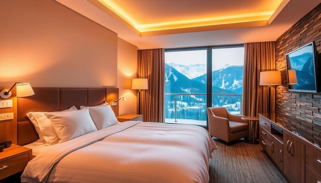A cozy hotel interior with warm lighting and inviting decor, showcasing the advantages of booking through the Buka Bukovel service. In the foreground, a comfortable king-size bed with plush bedding and nightstands on either side. In the middle ground, a large window overlooking a picturesque mountain landscape, conveying the serene atmosphere. The background features a stylish seating area with a plush sofa and armchair, complemented by a rustic wooden accent wall. The overall mood is one of relaxation and luxury, highlighting the benefits of using the Buka Bukovel platform to plan a memorable Bukovel getaway.