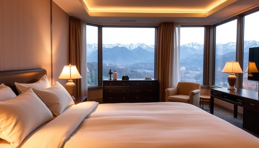 A cozy hotel room with plush bedding and warm lighting, showcasing the comfortable accommodations. In the foreground, a large, inviting king-size bed with fluffy pillows and a soft comforter. On the nightstands, elegant lamps cast a gentle glow. In the middle ground, a wooden dresser and armchair create a cozy seating area. The background reveals a panoramic view of the Carpathian mountains through large windows, hinting at the stunning natural surroundings. The overall atmosphere is one of relaxation and luxury, reflecting the high-quality services and amenities available at the hotel.