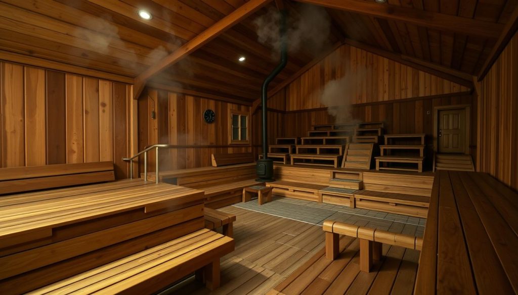 A cozy interior of a traditional Russian banya (sauna), featuring a range of seating capacities to accommodate groups of varying sizes. Warm wooden benches in the foreground, with ample space for smaller parties to relax. In the middle ground, a larger seating area with tiered benches, suitable for medium-sized gatherings. The background showcases a spacious layout that can host larger events, with an emphasis on the room's vaulted ceilings and rustic ambiance. Soft, diffused lighting creates a serene and inviting atmosphere, while the steam rising from a central stove adds to the authentic banya experience.