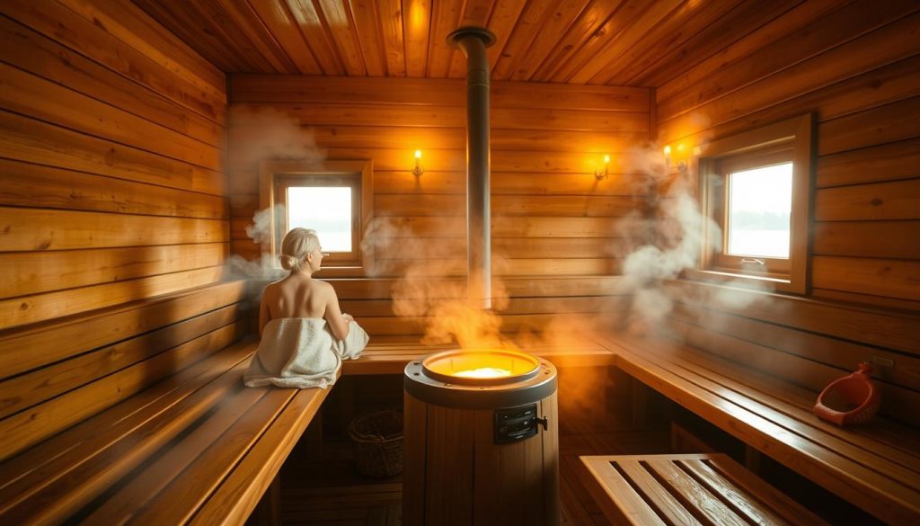 A cozy interior of a traditional Russian bathhouse (banya), with warm wooden benches and walls, steam rising in the air, and a glowing stove at the center. Soft lighting casts a golden glow, creating an inviting and relaxing atmosphere. The scene features a middle-aged couple enjoying the soothing heat, towels draped over their shoulders. In the background, a window offers a glimpse of a rural landscape, hinting at the bathhouse's peaceful, countryside setting. The overall impression is one of tranquility, comfort, and a timeless cultural experience.