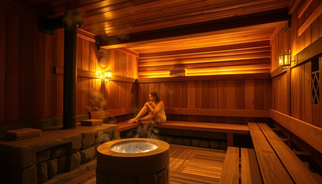 A cozy interior of a traditional Ukrainian sauna, or "banya", nestled in the heart of Lviv. Warm, golden lighting casts a inviting glow, illuminating the intricate wood paneling and stone accents. In the foreground, a large wood-fired stove radiates heat, while wisps of steam gently rise. Comfortable benches line the walls, beckoning visitors to relax and unwind. The atmosphere is one of tranquility and rejuvenation, perfectly capturing the essence of the renowned Lviv bath houses and their enduring popularity.