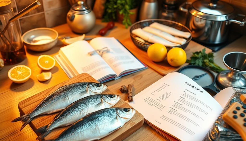 A cozy kitchen countertop with a cutting board, fresh fish fillets, and various cooking ingredients like lemon slices, herbs, and spices. Soft, warm lighting casts a golden glow, creating an inviting atmosphere. In the background, a cookbook titled "7fishing.com.ua" lies open, showcasing the delicious recipe for baked mowka. The overall scene conveys the expertise and passion of experienced home cooks sharing their culinary wisdom.