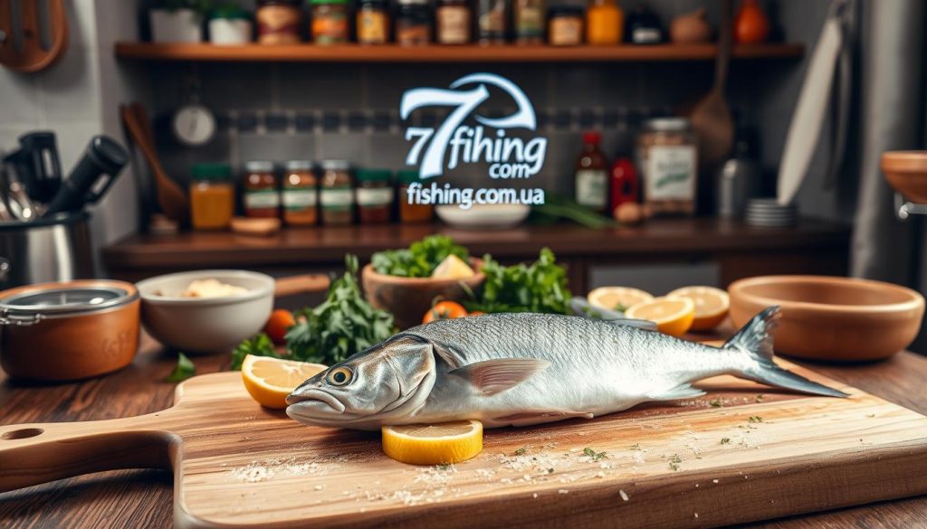 A cozy kitchen scene with a wooden table, cutting board, and various fish preparation tools. In the foreground, a whole fresh fish rests on the board, surrounded by a array of herbs, lemon slices, and other ingredients. The lighting is soft and warm, casting a gentle glow over the scene. In the middle ground, jars of spices and sauces line the shelves, hinting at the flavors to come. In the background, a "7fishing.com.ua" logo is subtly displayed, underscoring the culinary expertise. The overall mood is one of thoughtful preparation and mouthwatering anticipation.