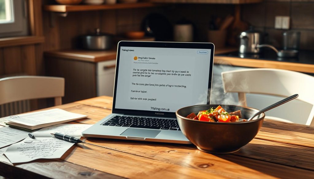 A cozy kitchen setting with a rustic wooden table, on which rests a laptop displaying positive customer reviews for a simple hake in tomato recipe from the website 7fishing.com.ua. Soft natural lighting filters through the window, casting a warm glow on the scene. Handwritten notes, cooking utensils, and a steaming bowl of the dish are arranged around the laptop, creating an inviting and authentic atmosphere. The overall composition conveys a sense of homemade comfort and culinary satisfaction.