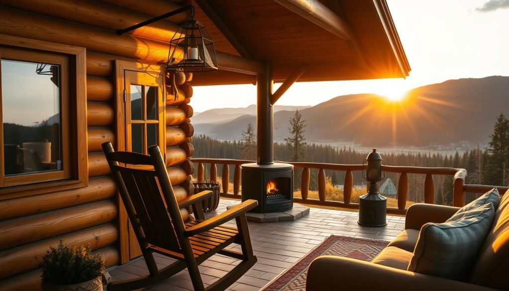 A cozy log cabin nestled in the picturesque Carpathian mountains, its wooden exterior glowing warmly in the soft, golden light of the setting sun. The cabin's rustic charm is complemented by a quaint porch, where a pair of rocking chairs invite guests to sit and savor the breathtaking views of the rolling hills and dense, evergreen forests beyond. The interior is a harmonious blend of traditional and modern elements, with a crackling fireplace casting a inviting glow and plush, comfortable furnishings creating an atmosphere of relaxation and rejuvenation. The entire scene evokes a sense of peaceful seclusion, perfect for a romantic getaway or a tranquil retreat from the hustle and bustle of everyday life.