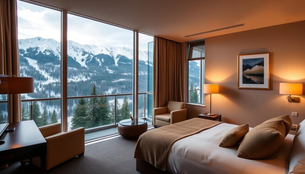 A cozy, modern hotel room with a large balcony overlooking the majestic Carpathian mountains. Warm, soft lighting illuminates the space, highlighting the high-quality furnishings and amenities. The balcony features comfortable seating, allowing guests to take in the breathtaking panoramic views of the snow-capped peaks and lush, evergreen forests. The room emanates a sense of relaxation and luxury, perfectly capturing the comfort and exceptional service at the Bukovel resort.
