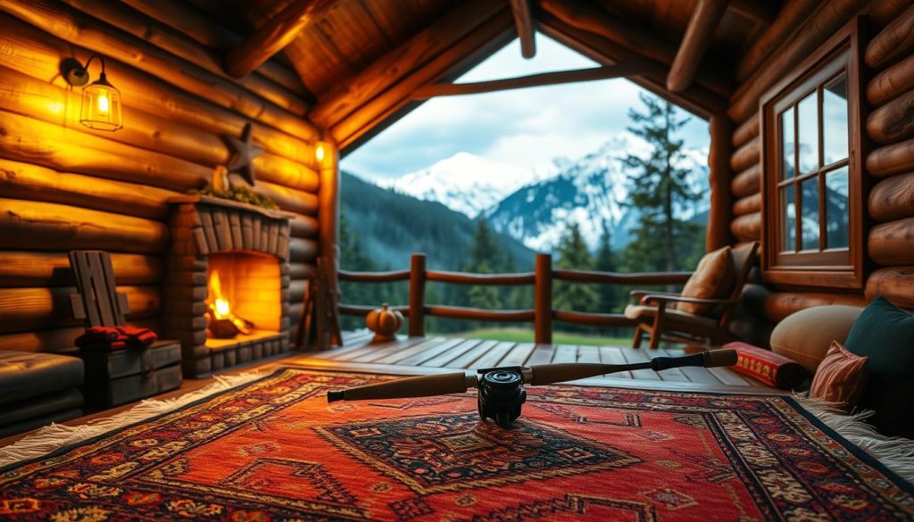 A cozy mountain cabin nestled among the lush, verdant forests of the Carpathians, its wooden facade aglow with warm, inviting light. In the foreground, a traditional Ukrainian woven rug sets the stage, complemented by a wooden table adorned with a 7fishing rod and reel combo. The middle ground reveals a crackling fireplace, casting a gentle, golden glow across the room, while the background showcases the majestic, snow-capped peaks looming outside the cabin's windows. The overall atmosphere evokes a sense of rustic charm, cultural heritage, and the serene tranquility of the Carpathian wilderness.