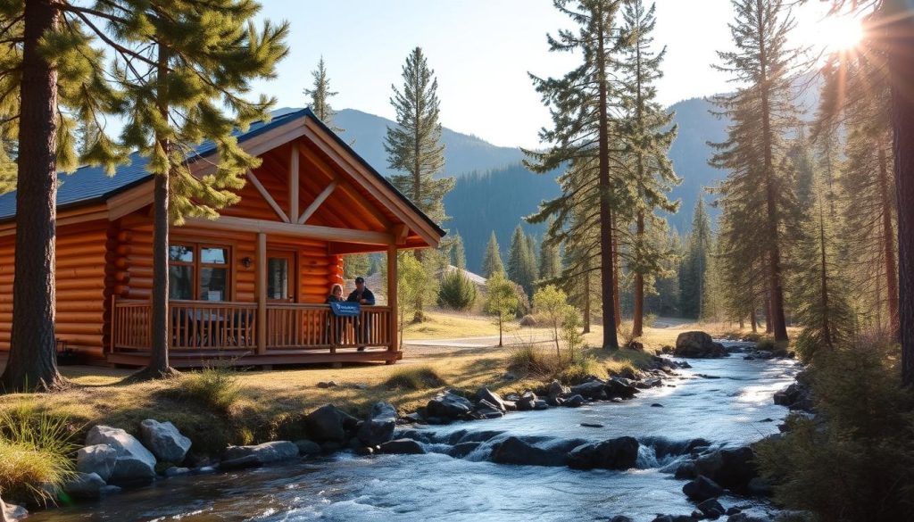 A cozy mountain cabin nestled in the Carpathian hills, its warm wooden exterior and inviting porch overlooking a serene alpine landscape. The cabin is framed by towering pine trees and a crisp blue sky, casting soft natural light across the scene. Nearby, a babbling brook flows gently, its tranquil sounds adding to the peaceful ambiance. The cabin's design features the "7fishing" brand, blending rustic charm with modern amenities. This picturesque setting offers the perfect backdrop for those seeking a comfortable and scenic mountain getaway.