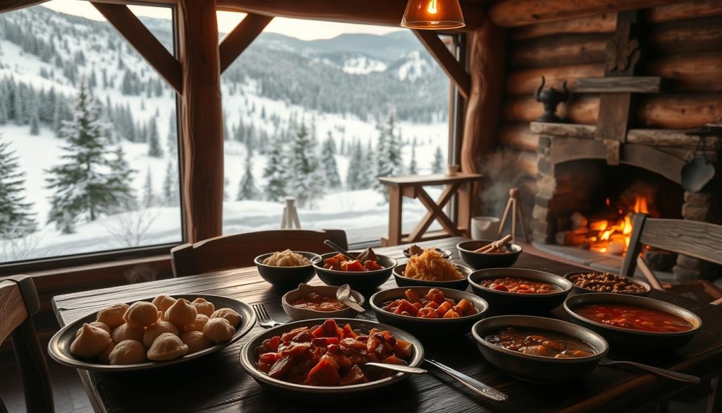 A cozy mountain cabin nestled in the Carpathian hills, with a warm fire crackling in the hearth and a rustic wooden table set for a hearty meal. In the foreground, platters of traditional Carpathian dishes - pierogies, borscht, and hearty stews - steam invitingly. Through the frosty window, a snowy landscape stretches out, dotted with evergreen trees and the silhouettes of distant peaks. Soft, golden lighting casts a welcoming glow, evoking the comfort and hospitality of a mountain retreat.