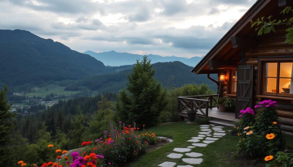 A cozy mountain cabin nestled in the lush green foliage of the Carpathian landscape, its rustic wooden exterior complemented by large windows that offer panoramic views of the rolling hills and distant peaks. Warm, soft lighting filters through the windows, hinting at the inviting atmosphere within. In the foreground, a well-tended garden bursts with vibrant flowers, while a winding path leads towards the cabin's entrance, inviting visitors to explore. The scene conveys a sense of tranquility and escape, perfectly suited for a serene mountain retreat.