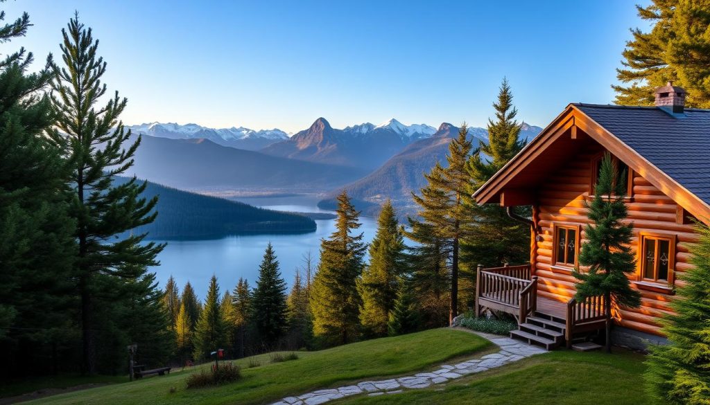 A cozy mountain chalet nestled amidst lush pine forests, its warm wooden exterior glowing under the soft morning light. In the foreground, a well-maintained path leads to the cottage's entrance, inviting visitors to explore the tranquil surroundings. The middle ground showcases a serene lake, its still waters reflecting the majestic Carpathian peaks in the distance. The background features a panoramic view of the rolling hills and snow-capped mountains, creating a breathtaking natural backdrop. The image conveys a sense of rustic charm, inviting the viewer to imagine the comfort and serenity of staying in this picturesque mountain retreat.