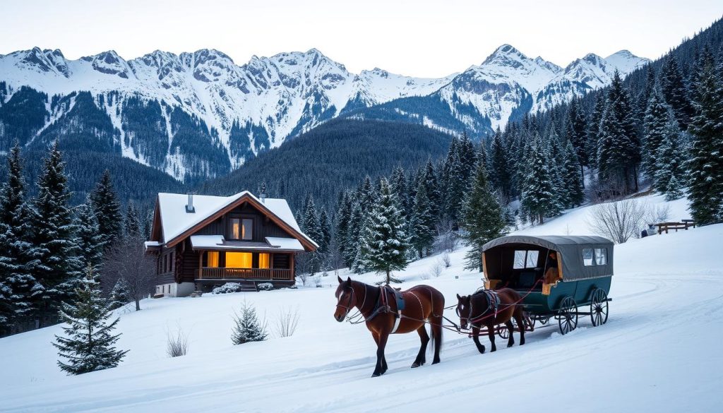 A cozy mountain chalet nestled in the heart of the Carpathians, surrounded by a blanket of pristine snow. Majestic peaks rise in the distance, their slopes dotted with lush evergreen forests. Warm lighting casts a soft glow through the windows, inviting visitors to step inside and discover the region's unique charm. In the foreground, a horse-drawn sleigh waits, ready to whisk guests away on an exclusive, one-of-a-kind tour of the winter wonderland. The scene exudes a sense of tranquility and exclusivity, perfectly capturing the essence of "Новый год в карпатах: уникальные предложения".