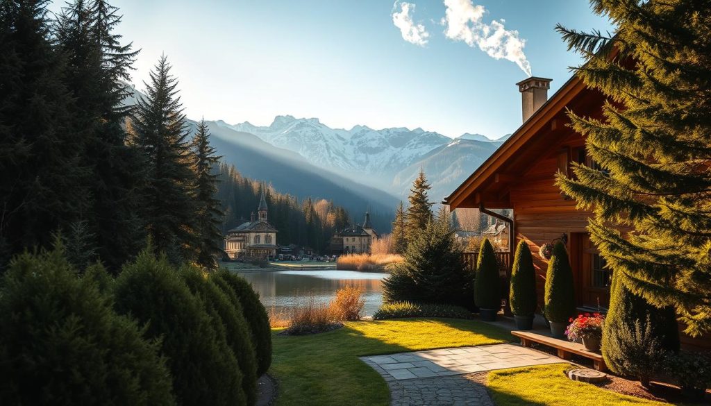 A cozy mountain chalet nestled in the lush, evergreen forests of the Carpathian Mountains. The warm, wooden exterior is bathed in golden sunlight, inviting weary travelers to rest and rejuvenate. Smoke curls from the chimney, creating a picturesque scene. The foreground features a well-maintained pathway leading to the entrance, flanked by neatly trimmed shrubs and flowering plants. In the middle ground, a tranquil pond reflects the surrounding peaks, their snow-capped summits reaching towards the azure sky. The background showcases the dramatic, rolling hills of the Carpathians, their slopes dotted with charming mountain villages. The overall atmosphere exudes a sense of rustic, alpine elegance and serenity.