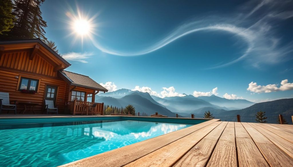 A cozy mountain cottage nestled in the Carpathian hills, its exterior adorned with wooden siding and a charming rooftop. In the foreground, a crystal-clear swimming pool reflects the surrounding lush greenery and towering peaks. Soft natural light filters through wispy clouds, casting a warm, inviting glow over the scene. The cottage's spacious terrace offers panoramic views, inviting guests to relax and soak in the serene mountain atmosphere. This picturesque Carpathian retreat promises a tranquil escape, perfect for a rejuvenating holiday amidst the stunning natural beauty of the region.