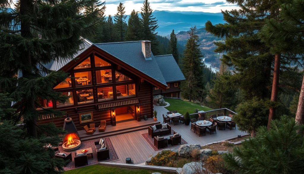 A cozy mountain lodge nestled amidst the lush Carpathian forests, its rustic facade framed by tall pines. In the foreground, a warm-lit interior showcases inviting fireplaces, handcrafted wooden furnishings, and rich textiles. The middle ground features an outdoor terrace with panoramic views of rolling hills and distant peaks, where guests can savor local delicacies and soak in the tranquil atmosphere. Soft, golden lighting casts a welcoming glow, while the background hints at the region's timeless charm and the promise of boundless adventures to be discovered.