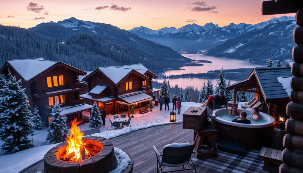 A cozy mountain resort nestled in the Carpathian mountains, with rustic log cabins and charming wooden structures surrounded by lush forests and snow-capped peaks. A warm fireplace glows in the foreground, inviting guests to relax and unwind. In the middle ground, a group of people enjoy outdoor activities like skiing, snowshoeing, or relaxing in a hot tub, all under the soft glow of lanterns and fairy lights. The background features a panoramic view of the surrounding landscape, with a serene lake or river reflecting the mountains and the evening sky. A cozy mountain resort nestled in the Carpathian mountains, with rustic log cabins and charming wooden structures surrounded by lush forests and snow-capped peaks. A warm fireplace glows in the foreground, inviting guests to relax and unwind. In the middle ground, a group of people enjoy outdoor activities like skiing, snowshoeing, or relaxing in a hot tub, all under the soft glow of lanterns and fairy lights. The background features a panoramic view of the surrounding landscape, with a serene lake or river reflecting the mountains and the evening sky.