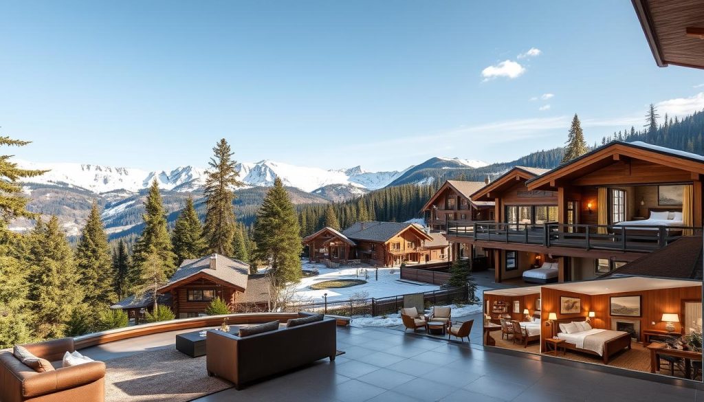 A cozy mountain resort with a range of accommodation options, from rustic cabins nestled among the pine trees to modern apartments with panoramic views of the Dragobrat peaks. In the foreground, a warm and inviting lobby with plush sofas and a roaring fireplace, welcoming guests to explore the diverse lodging choices. The middle ground showcases an array of room types, from spacious family suites to intimate studios, all tastefully decorated with natural materials and local artwork. In the background, a glimpse of the snow-capped mountains and lush, rolling hills, creating a serene and picturesque backdrop for this charming mountain retreat.