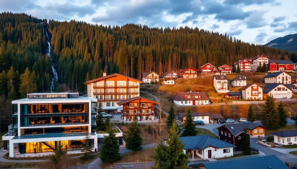 A cozy mountain town nestled in the Carpathian foothills, Yaremche showcases a variety of accommodation options against a backdrop of lush forests and cascading waterfalls. In the foreground, a modern hotel with a sleek, minimalist exterior stands tall, its glass-walled lobby offering panoramic views of the surrounding peaks. In the middle ground, a traditional wooden chalet blends seamlessly with the natural landscape, its rustic charm complemented by a tranquil spa and indoor pool. Further back, a collection of family-run inns and guesthouses dot the hillsides, their quaint facades and inviting courtyards exuding a warm, welcoming ambiance. Warm lighting, soft shadows, and a golden evening glow create a cozy, serene atmosphere, reflecting the unique charm and character of Yaremche's hospitality landscape.