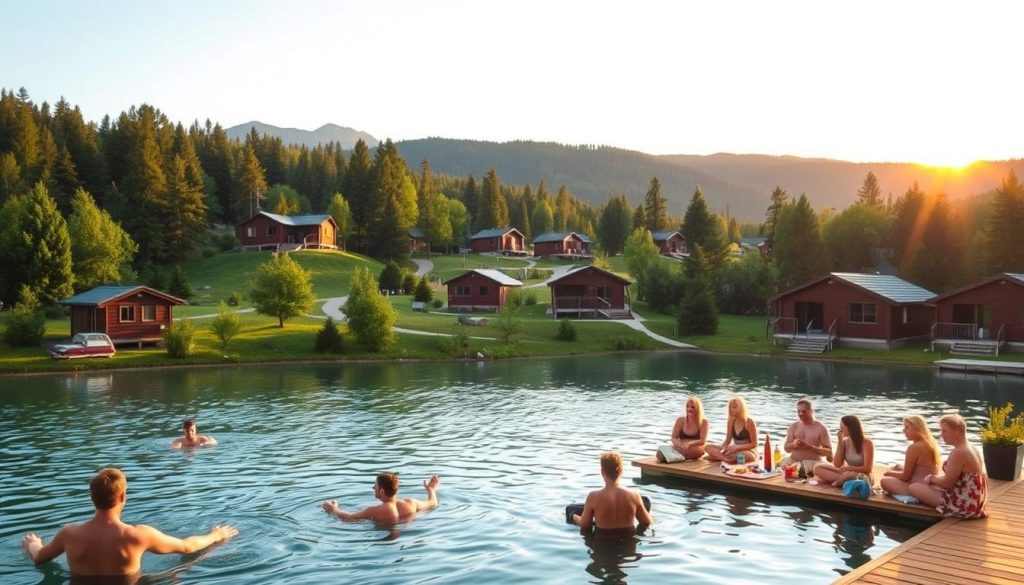 A cozy outdoor scene showcasing the key criteria for choosing a vacation resort. In the foreground, a group of people engaged in various leisure activities - swimming in a crystal-clear lake, relaxing on a sun-drenched deck, and savoring a picnic spread. The middle ground features well-maintained cabins and facilities nestled amidst lush, verdant foliage. In the background, scenic mountains and a picturesque sunset sky create a peaceful, serene atmosphere. The lighting is soft and warm, accentuating the tranquil, idyllic setting. The overall composition conveys a sense of comfort, relaxation, and the perfect balance of natural beauty and modern amenities that one would expect from an ideal vacation destination.