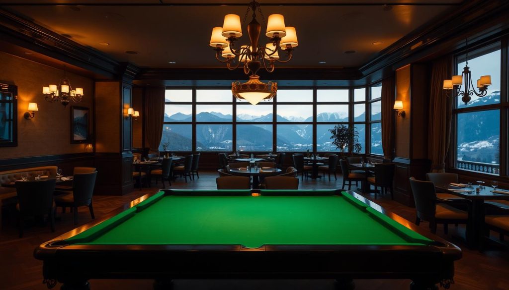 A cozy restaurant interior with a dimly lit, elegant ambiance. In the foreground, a well-appointed billiards table takes center stage, its green felt surface inviting patrons to enjoy a game. Subtle lighting casts a warm glow, with chandeliers casting a soft, romantic illumination throughout the space. The middle ground features tastefully decorated dining areas, with plush seating and wooden accents that evoke a traditional European aesthetic. In the background, floor-to-ceiling windows offer glimpses of a picturesque mountain landscape, hinting at the hotel's scenic Carpathian setting. The overall atmosphere exudes an air of refined sophistication, creating an inviting atmosphere for guests to dine, socialize, and unwind.