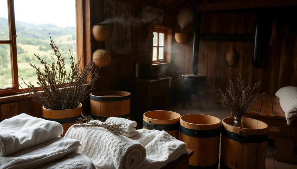 A cozy, rustic бана nestled in the verdant Vinnitsa countryside. In the foreground, an array of plush towels, wooden buckets, and fragrant bundles of birch branches. Beyond, the steamy, dimly lit interior beckons, with ornately carved benches and a cast-iron stove casting a warm glow. Through the window, a glimpse of lush greenery and rolling hills. The atmosphere is one of relaxation and rejuvenation, inviting visitors to indulge in the traditional rituals and additional services of this tranquil retreat.