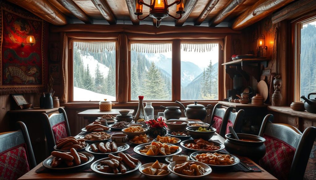 A cozy, rustic interior of a traditional Hutsul restaurant, bathed in warm, golden lighting. In the foreground, a table laden with an authentic Hutsul feast - homemade sausages, pierogi, mushroom dishes, and hearty stews, all bursting with the rich flavors of the Carpathian mountains. The walls are adorned with handwoven tapestries, antique wooden carvings, and vintage cooking implements, creating an immersive atmosphere of cultural heritage. Through the large, open windows, a glimpse of the snow-capped peaks and lush, verdant forests outside, setting the scene for this unique Ukrainian culinary experience.