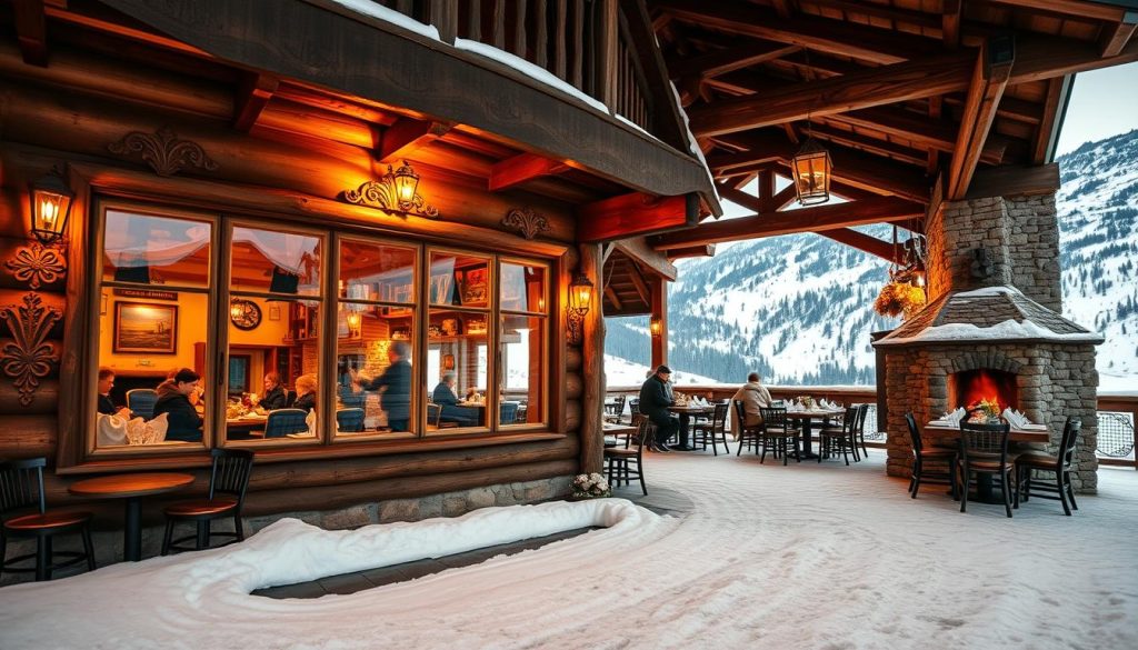 A cozy, traditional Carpathian-style restaurant nestled in the heart of the Bukovel ski resort. The wooden exterior is adorned with intricate carvings and warm lighting, inviting visitors to step inside. Through the large windows, one can glimpse the interior's rustic charm - exposed beams, stone fireplaces, and tables set with local delicacies. The mood is intimate and relaxed, perfect for weary skiers to unwind and savor the flavors of the Carpathian region. The soft, golden lighting casts a welcoming glow, while the panoramic mountain views in the background evoke a sense of tranquility. A quintessential dining experience that captures the essence of the Bukovel winter wonderland.