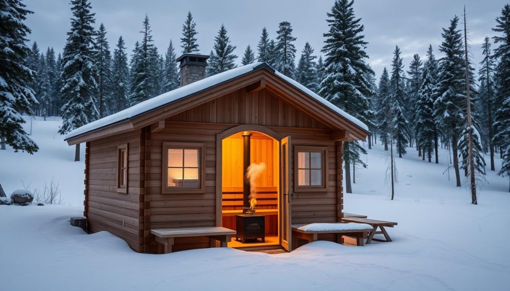 A cozy, traditional Finnish sauna nestled in a serene, snow-covered forest landscape. The sauna's wooden exterior, accented with a stone chimney, emits a soft glow through its windows, inviting visitors to step inside and experience the relaxing heat. The sauna's interior features natural wood paneling, a central wood-burning stove, and benches for lounging. Soft, diffused lighting casts a warm, inviting ambiance, while steam billows gently from the stove. The surrounding forest is blanketed in a pristine layer of white snow, with tall, evergreen trees lining the horizon, creating a peaceful, tranquil atmosphere.