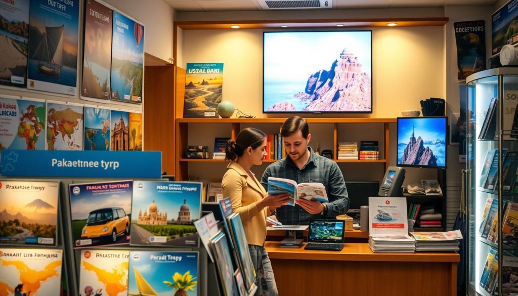 A cozy travel agency office, illuminated by warm lighting and adorned with vibrant travel posters. In the foreground, a display showcasing a variety of "пакетные туры" (package tours) - colorful brochures, maps, and promotional materials. The middle ground features a friendly travel agent assisting a couple in planning their next adventure, guiding them through the available tour options. In the background, a digital screen displays stunning destination imagery, transporting the viewer to the exotic locales these package tours offer. The atmosphere conveys a sense of excitement, anticipation, and the promise of unforgettable experiences.