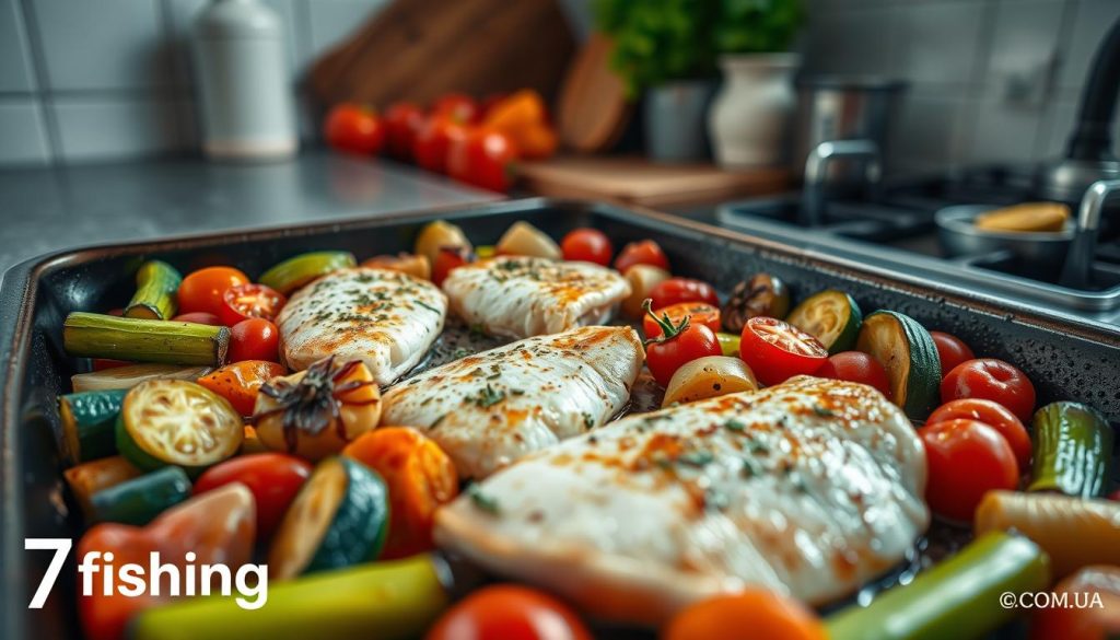 A cozy, well-lit kitchen scene with a large baking tray in the foreground, filled with flaky, golden-brown baked fish fillets surrounded by a variety of roasted vegetables - tender zucchini, bell peppers, onions, and cherry tomatoes. The aroma of herb-infused olive oil and garlic fills the air. The scene is shot from an elevated angle, with a 7fishing.com.ua logo discreetly visible in the bottom corner, capturing the simplicity and deliciousness of this baked fish and vegetable dish.